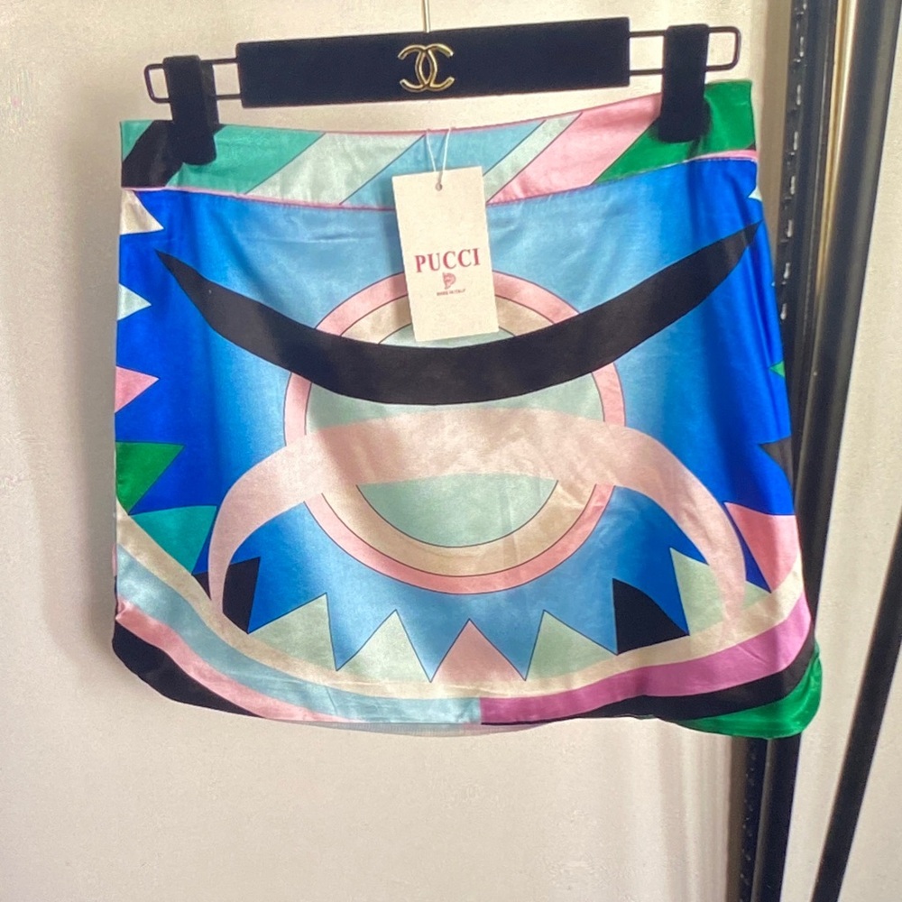 Emilio Pucci Blue Pink Green Geometric Silk Mini Skirt